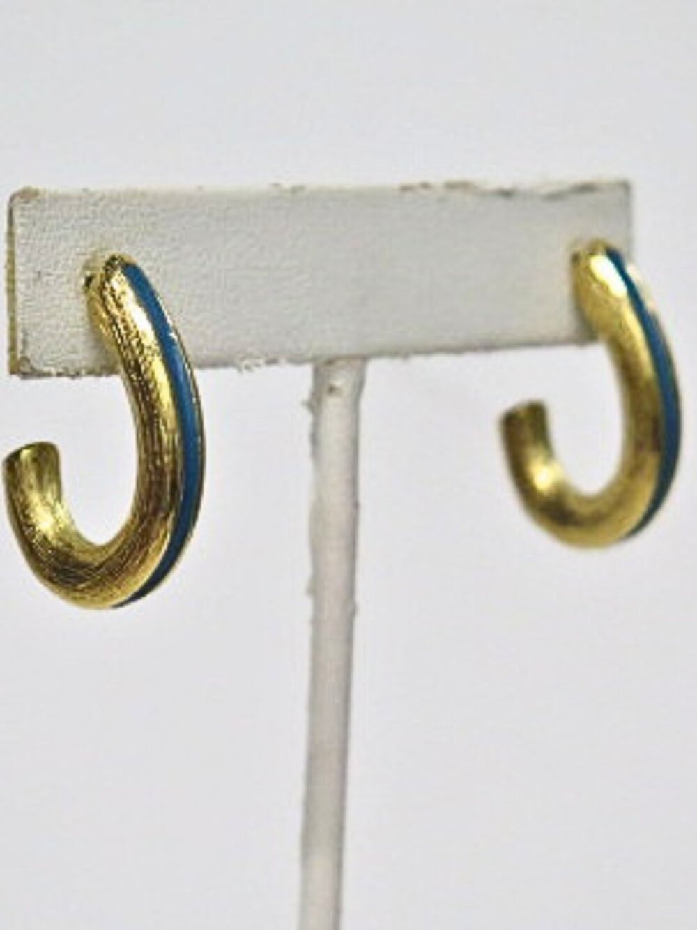 Vintage Gold Tone Blue Enamel Curved Hoop Earrings